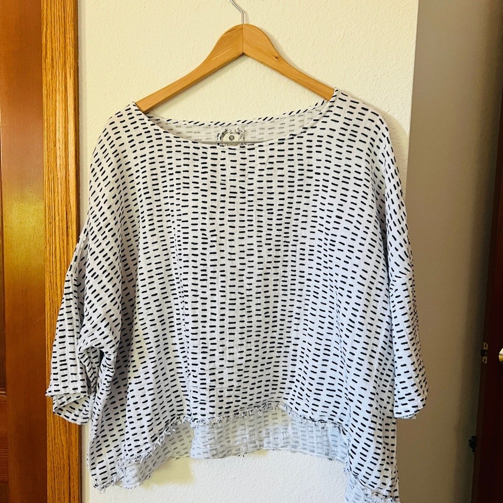 Namsar 100% Cotton Oversized Top Black White Dot Print Frayed Hem Boho OS